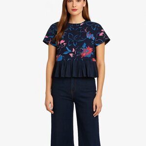 SUNO Short Sleeve Pleated Peplum Bold Floral Top In Navy